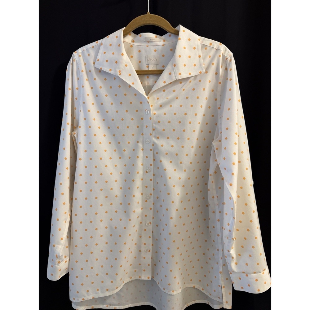 Chico's Women's 2 No-Iron 100% Cotton White/Orange Polka Dot Button-Up
